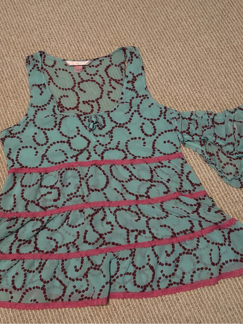 Victoria's Secret Teal & Burgundy Patterned Ruffle Baby Doll style lingerie